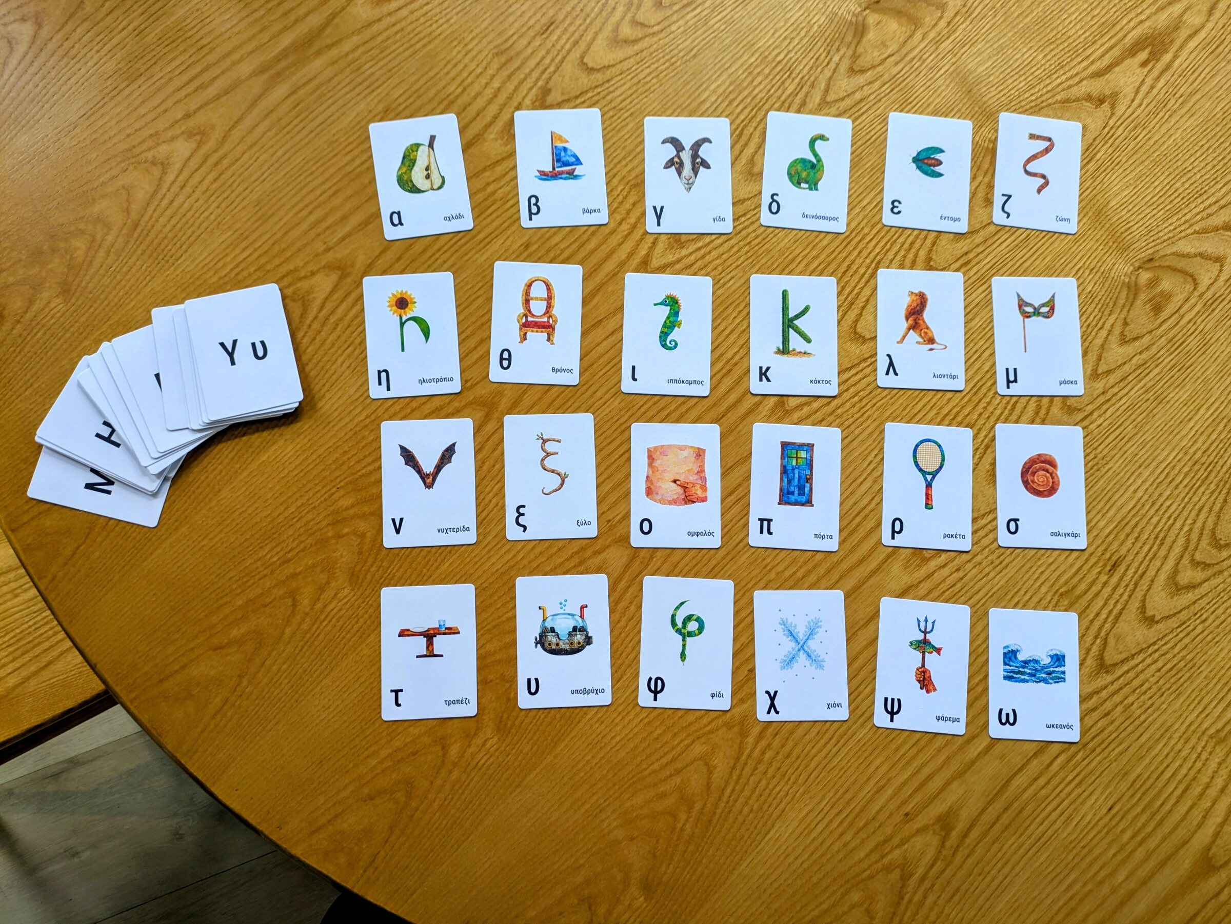 The full deck of Greek alphabet cards, laid out together