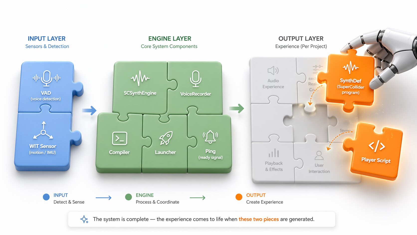Diagram of the interaction pipeline: voice prompt, Claude Code, SuperCollider, sensors, speaker